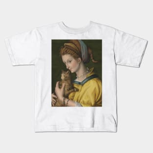 Portrait of a Young Lady Holding a Cat by Francesco Bacchiacca Kids T-Shirt